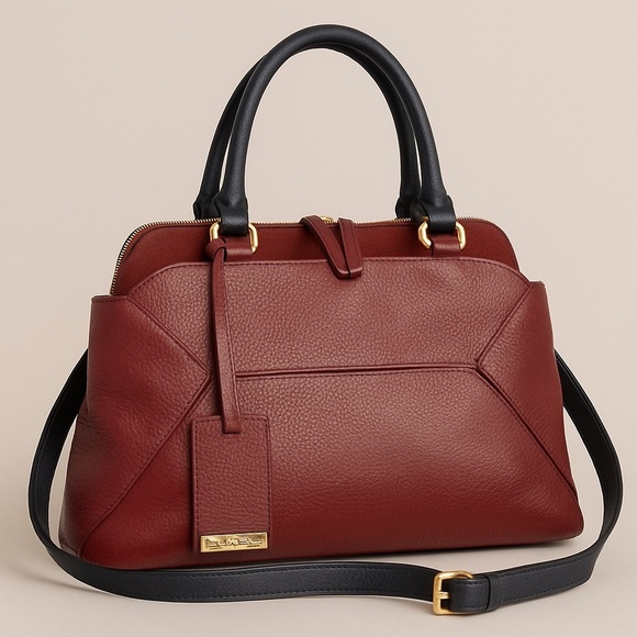 Iacucci Italian Pebbled Leather Suede Satchel Handbag Red Bordeaux Blue Handles - Picture 1 of 14
